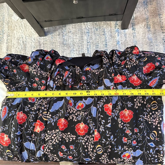 Romantic Floral Tie Neck Dress Black Sheer Sleeve Ruffle Boho - Size 14 - Picture 12 of 13